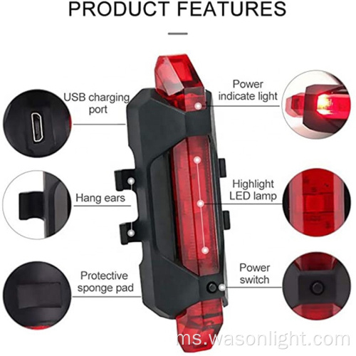 Lampu depan depan yang terang dan lampu belakang LED belakang USB LED boleh dicas semula Basikal Basikal Merah Aksesori Tinggi Tinggi LED